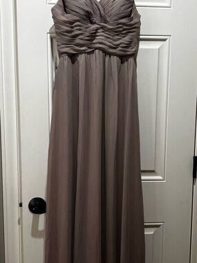 Azazie Strapless Taupe Chiffon Maxi Dress